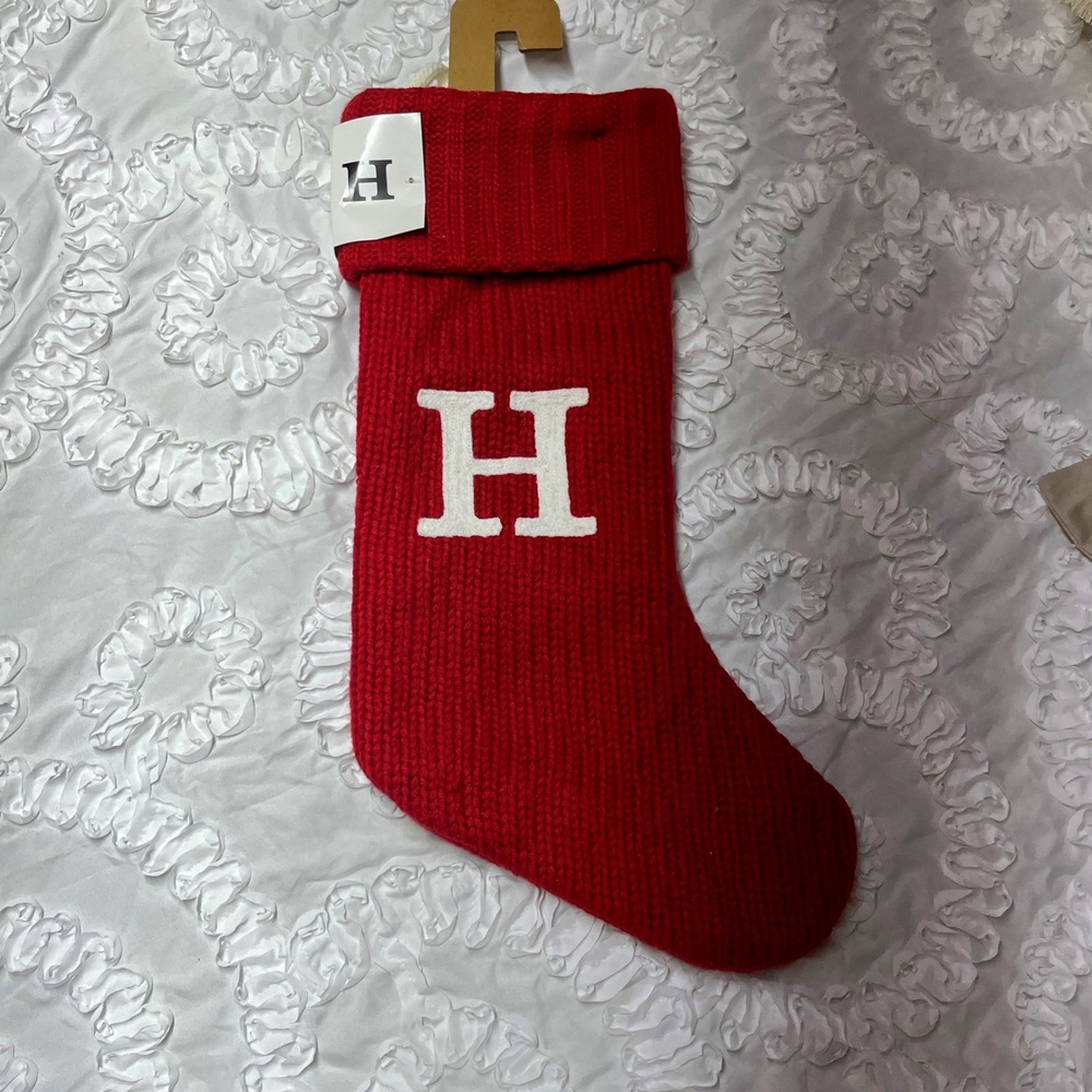 Red Knit Christmas Stocking with White Letter H Initial‎ Monogram 20" NWT